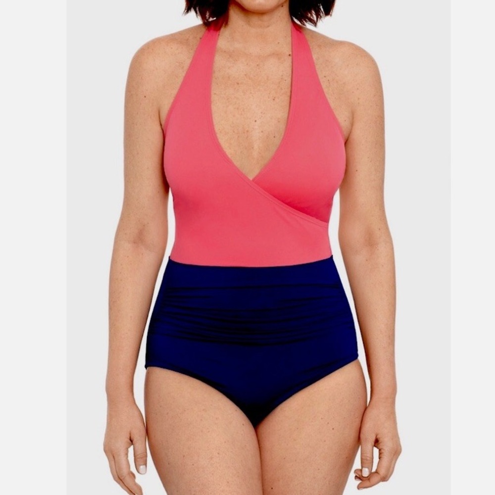 NWOT Pink and Blue Halter One-Piece Swimsuit Bal Harbour
